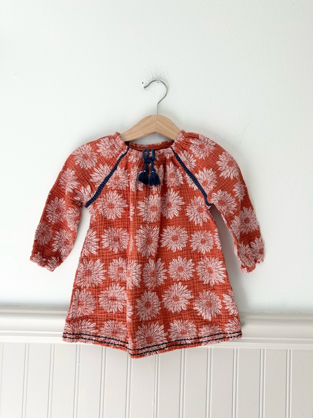 Mud Pie 12–18M Floral Cotton Gauze Dress Rust Navy Tassel Tie Long Sleeve - Picture 1 of 5